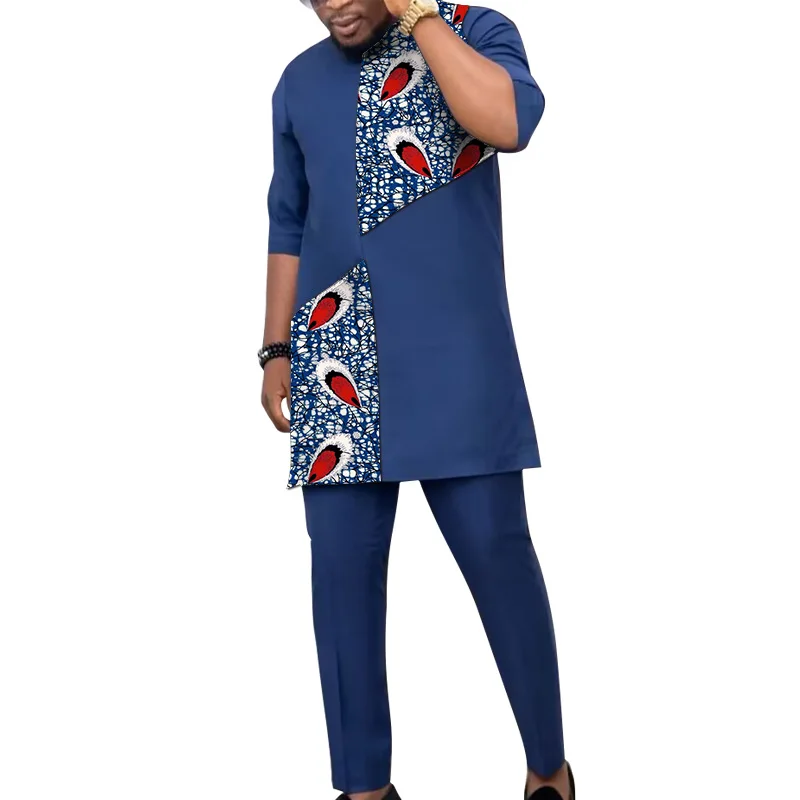 African Patchwork T-Shirt+Solid Pant Half Sleeve Tops Dark Blue Men\'s Set Nigerian Fashion Wedding Outfits