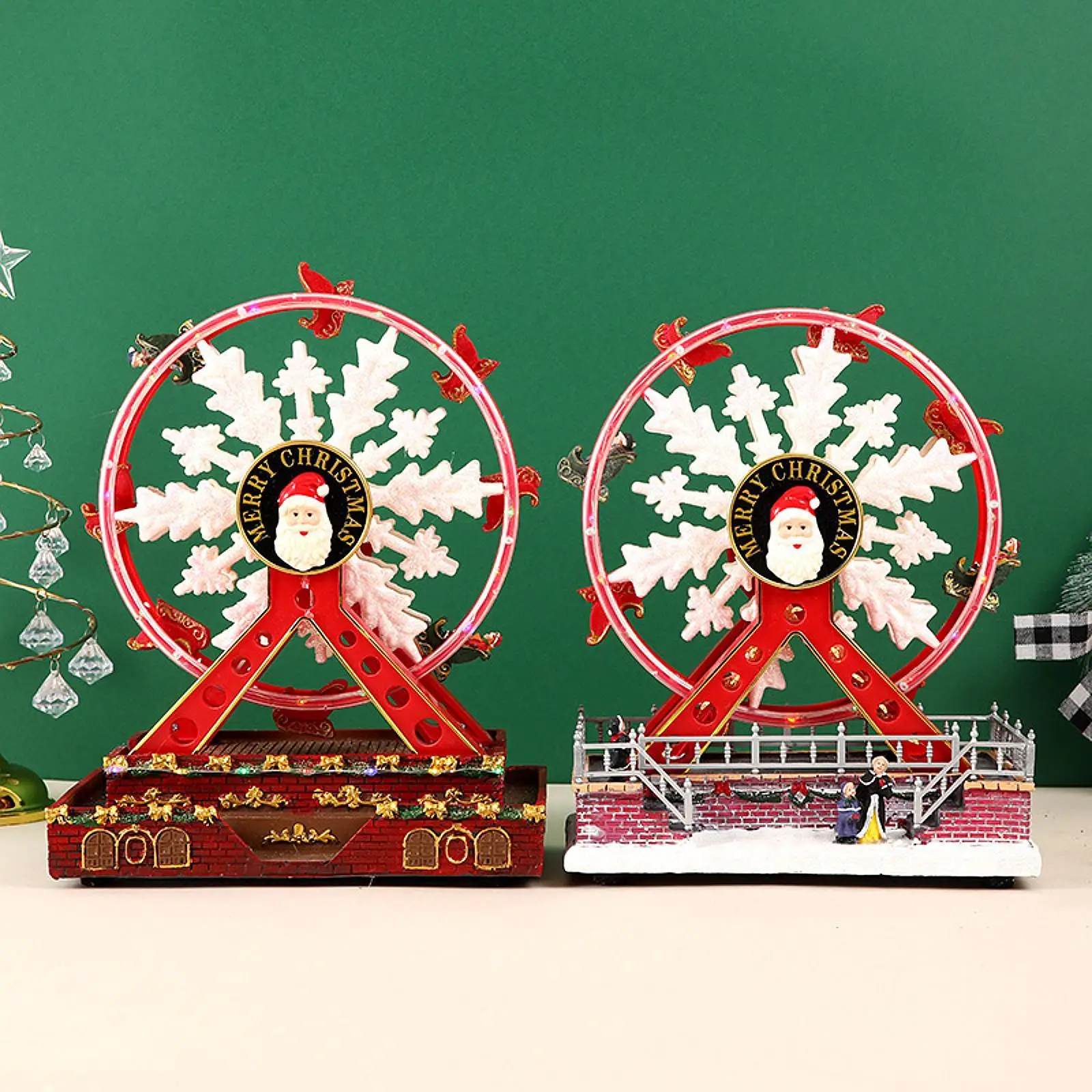 Christmas Rotate Wheel Snow Village Displays with LED Lights Home Decor Carnival Rotate Wheel for Bedroom Home Party Desktop