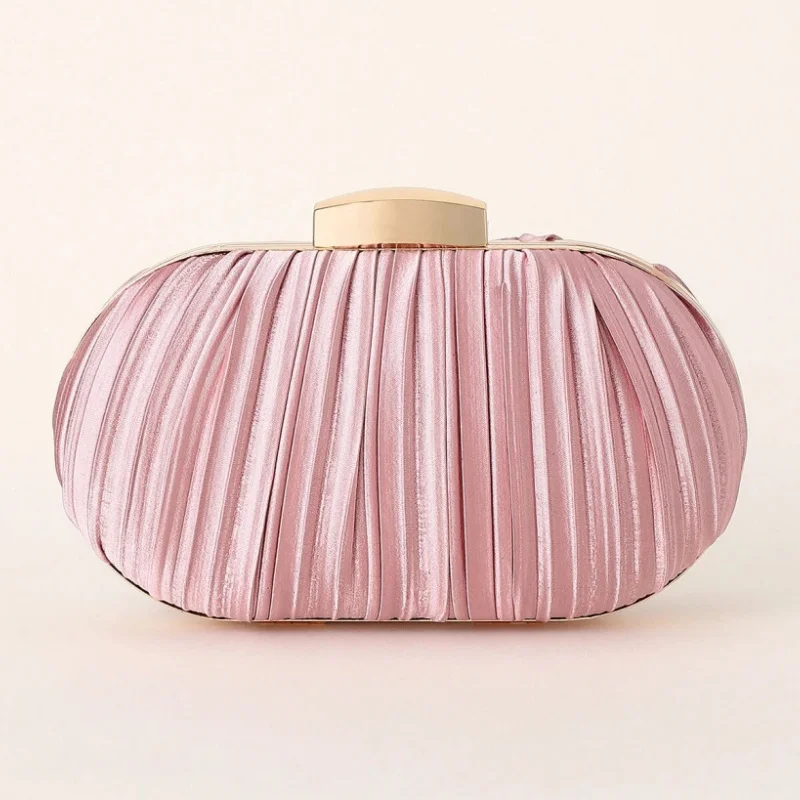 Fuchsia Pleated Satin Box Clutch Bag Women Gold Frame Evening Purse with Removable Chain Ruched Round Handbag for Wedding Party