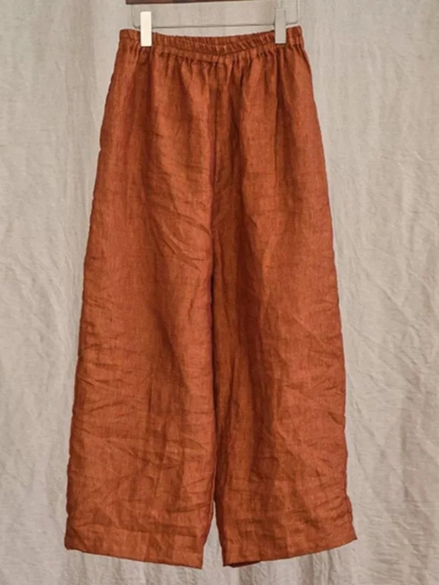 بنطلون نسائي صيفي فضفاض واسع الساق مستقيم من الكتان الأرجواني مريح وانسيابي بخصر عالٍ وطول تسعة أرباع