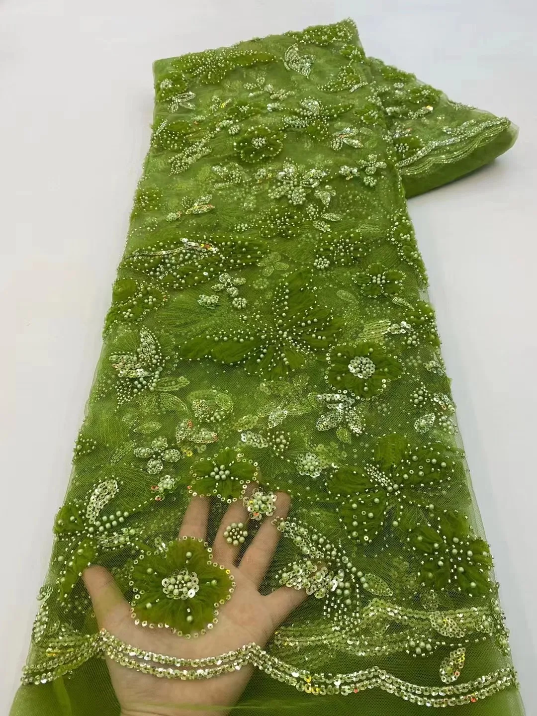 

Fashion French Mesh 3D Flowers Embroidery Green Powder Lace Fabric With Sequins African Nigerian Fabric For Wedding Dress