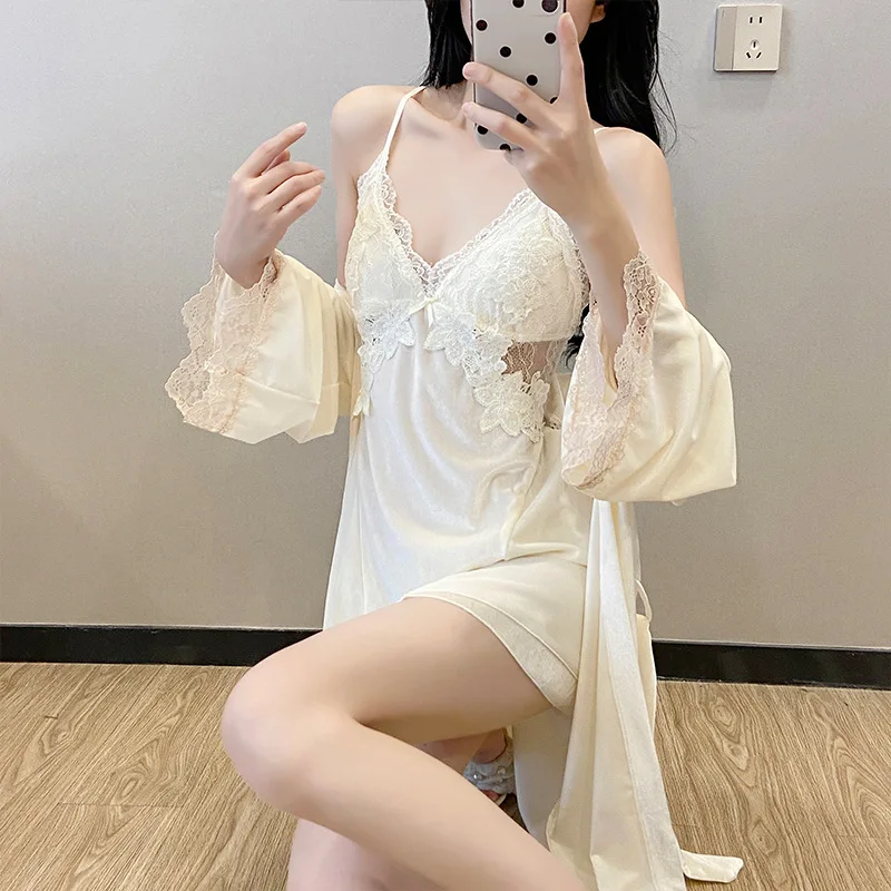 

Autumn Winter Velvet Twinset Robe Set Women Sleepwear Sexy Patchwork Lace Nightgown Kimono Bathrobe Gown Loose Velour Home Dress