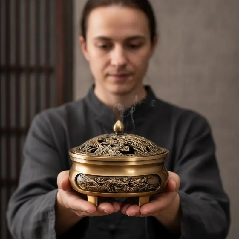 1Pcs Vintage Zinc Alloy Incense Burner With Fine Dragon Carving And Hollow Lid Perfect For Home Meditation Yoga Aromatherapy