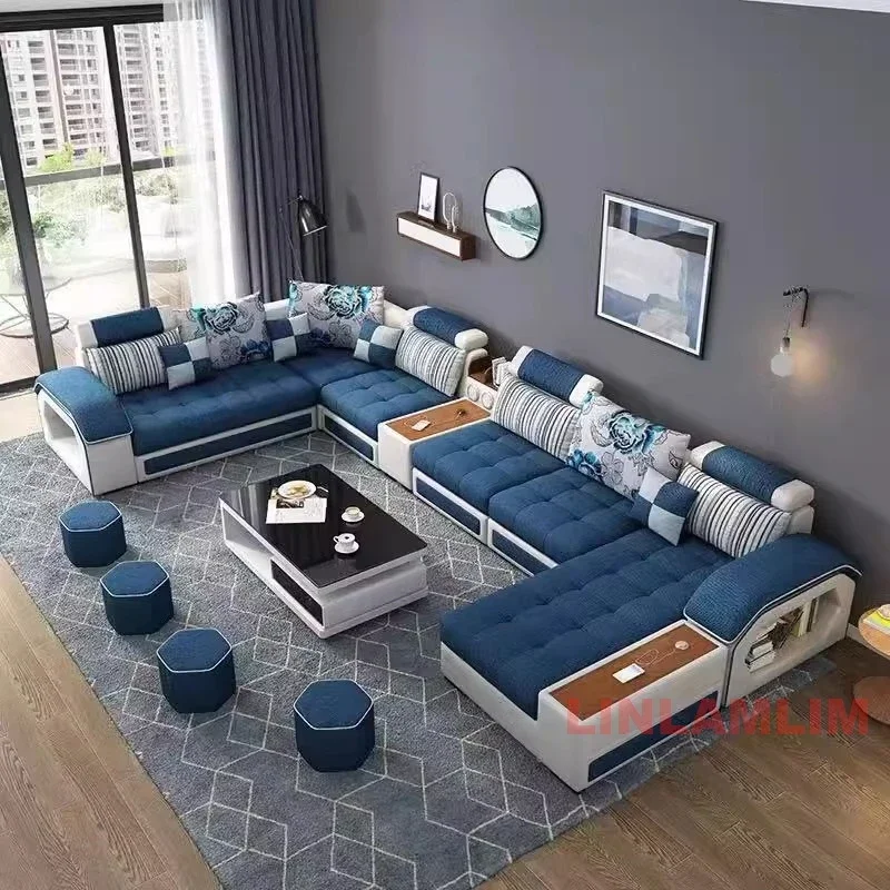 U-Shaped Sectional Fabric Sofa Set - Modern Living Room Furniture with Storage, Built-in Side Tables, USB, and Cushions
