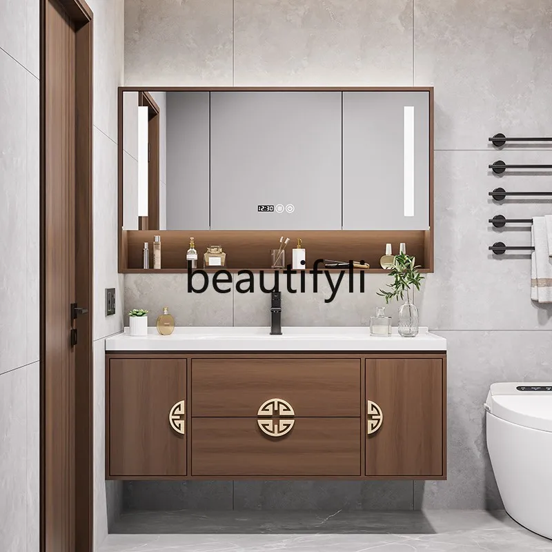 

New Chinese oak integrated ceramic basin bathroom cabinet combination hand washbasin bathroom cabinet modern light luxury
