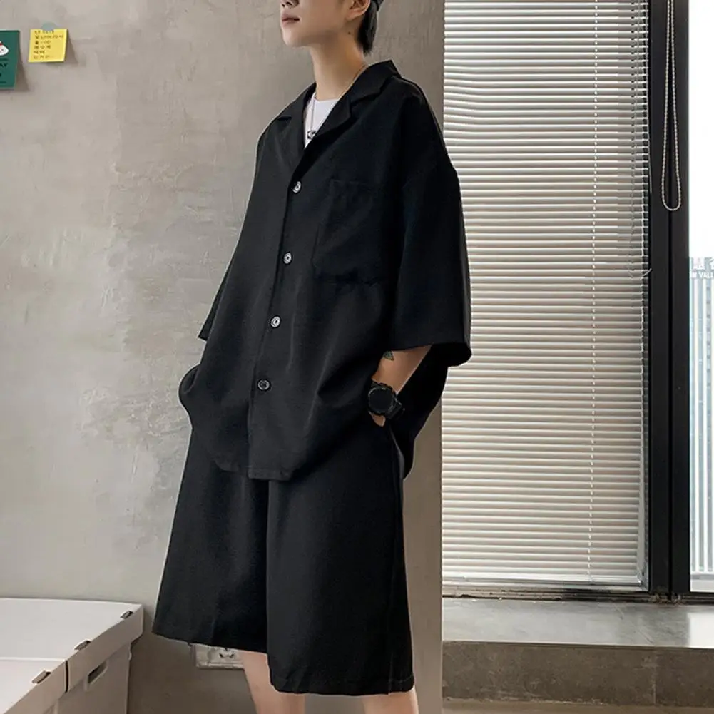 Conjunto de traje para hombre, camisa de solapa, pantalones cortos de cintura elástica, traje de ajuste suelto de Color sólido con bolsillo de