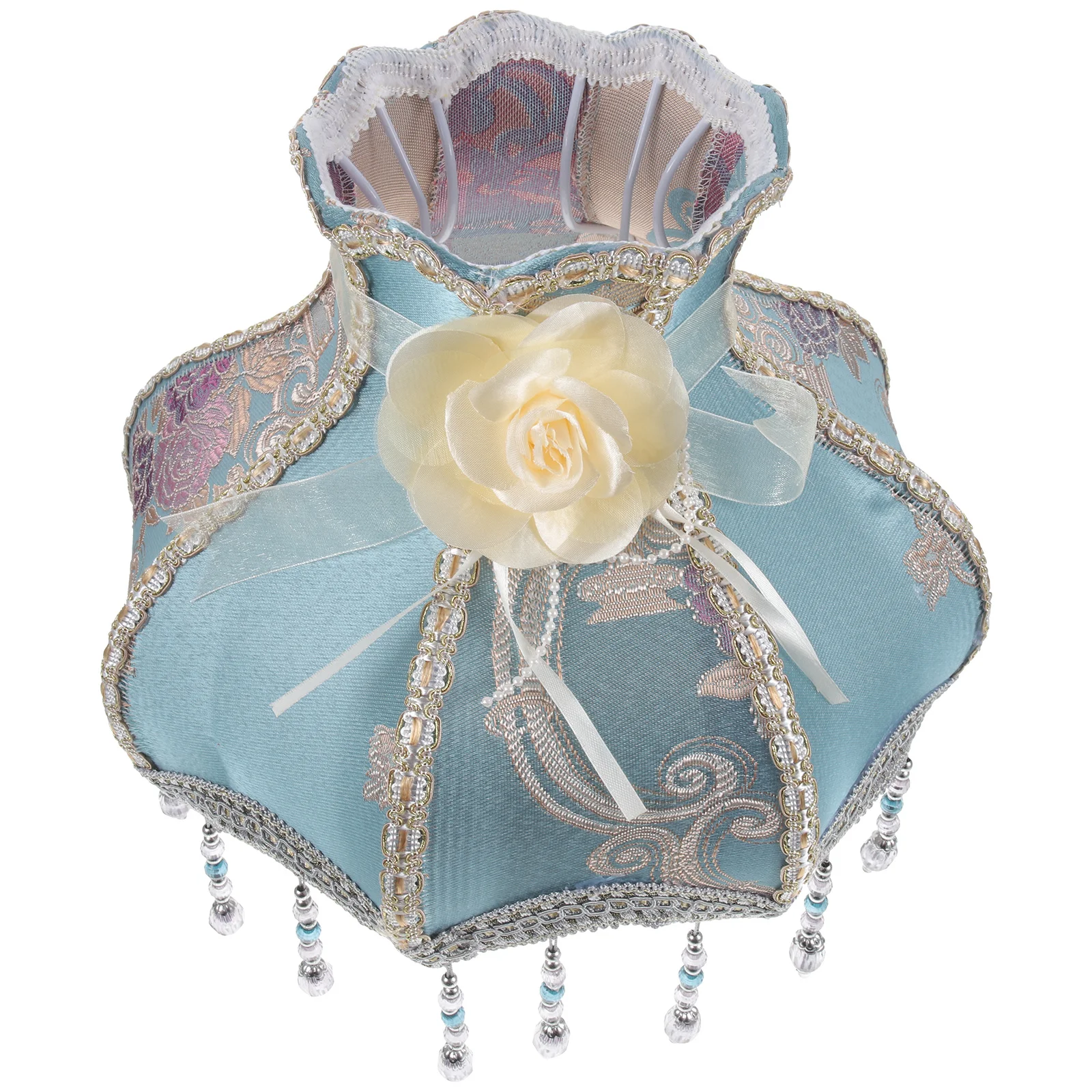 

Vintage Table Lamp Shade Large European Style Fabric Lampshade Floral Beads Decoration Desk Replacement Cover for Bedroom Living