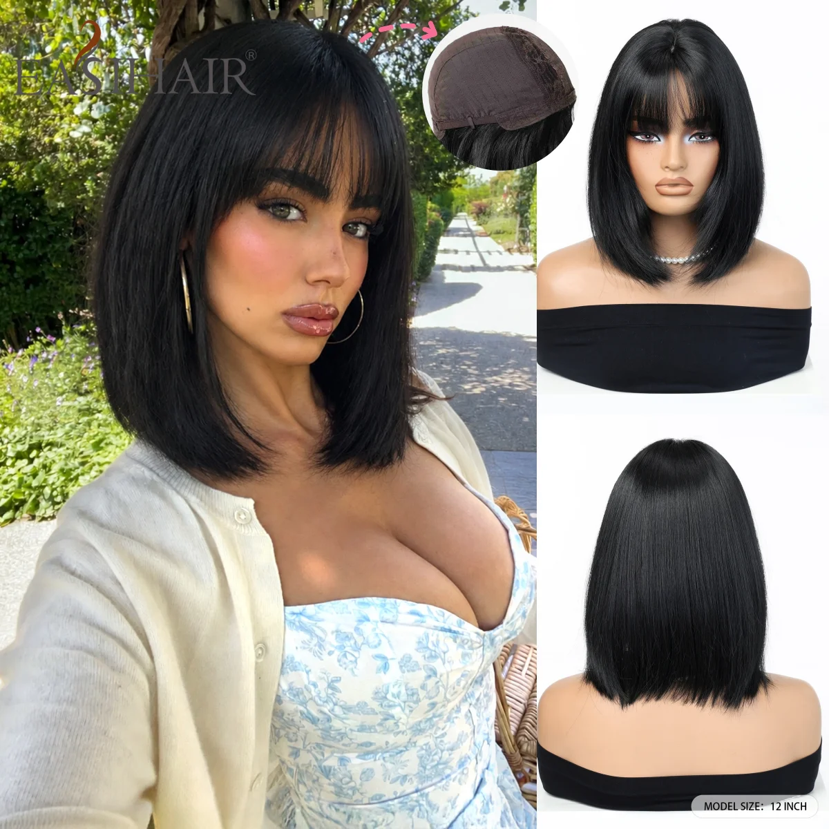 Jet Black Short Straight Bob Synthetic Wig with Bangs Breathable Mesh Cap Heat Resistant Natural Looking for Women Daily Cosplay