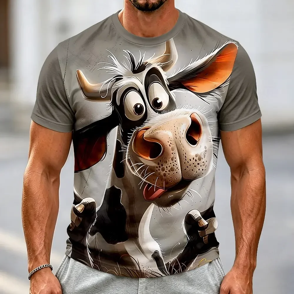Herren-T-Shirt mit 3D-Druck und Stickerei, Rundhalsausschnitt – Lustige Kuh mit großem Gesicht, realistische Cartoon-Tiermuster, lässiges Party- und Elternhemd – Detail 6
