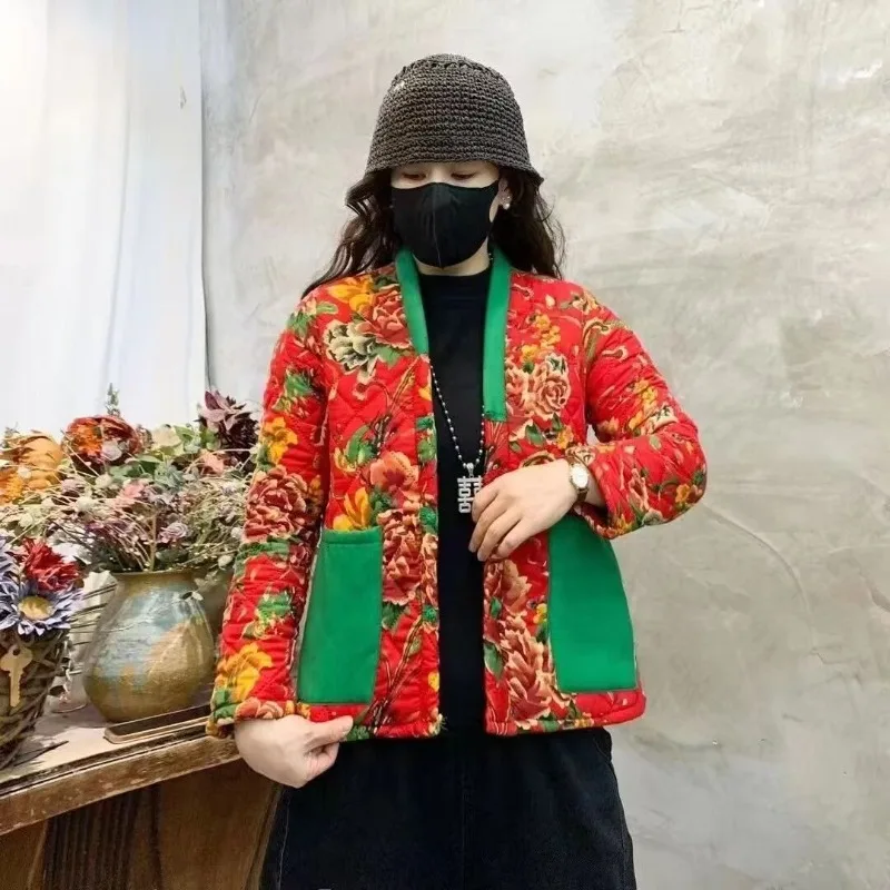 Trendy Women's Large Flowers Cotton Coat Winter Fleece Lining Loose Cotton Coat Outerwear Winter Ethnic Style Retro Cotton Coat