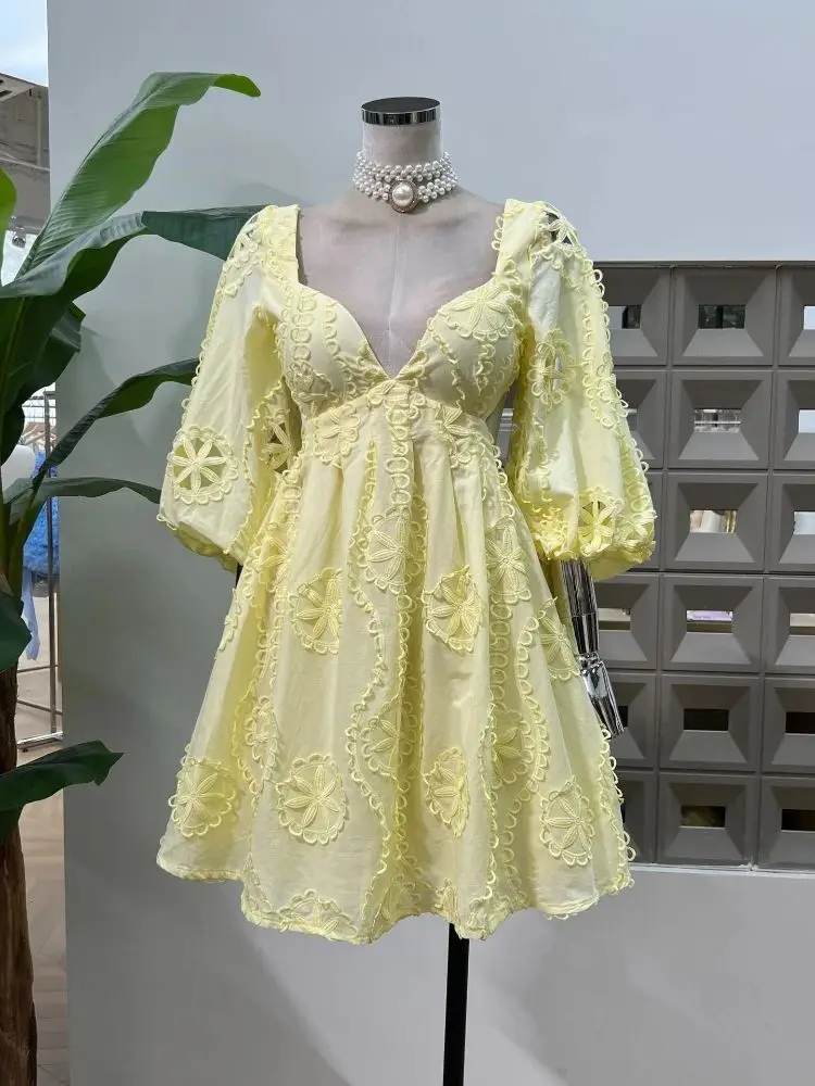 

Женское сексуальное повседневное платье с глубоким v-образным вырезом и цветочной вышивкой, элегантное летнее платье с длинным рукавом и высокой талией, вечерние женские халаты для отпуска