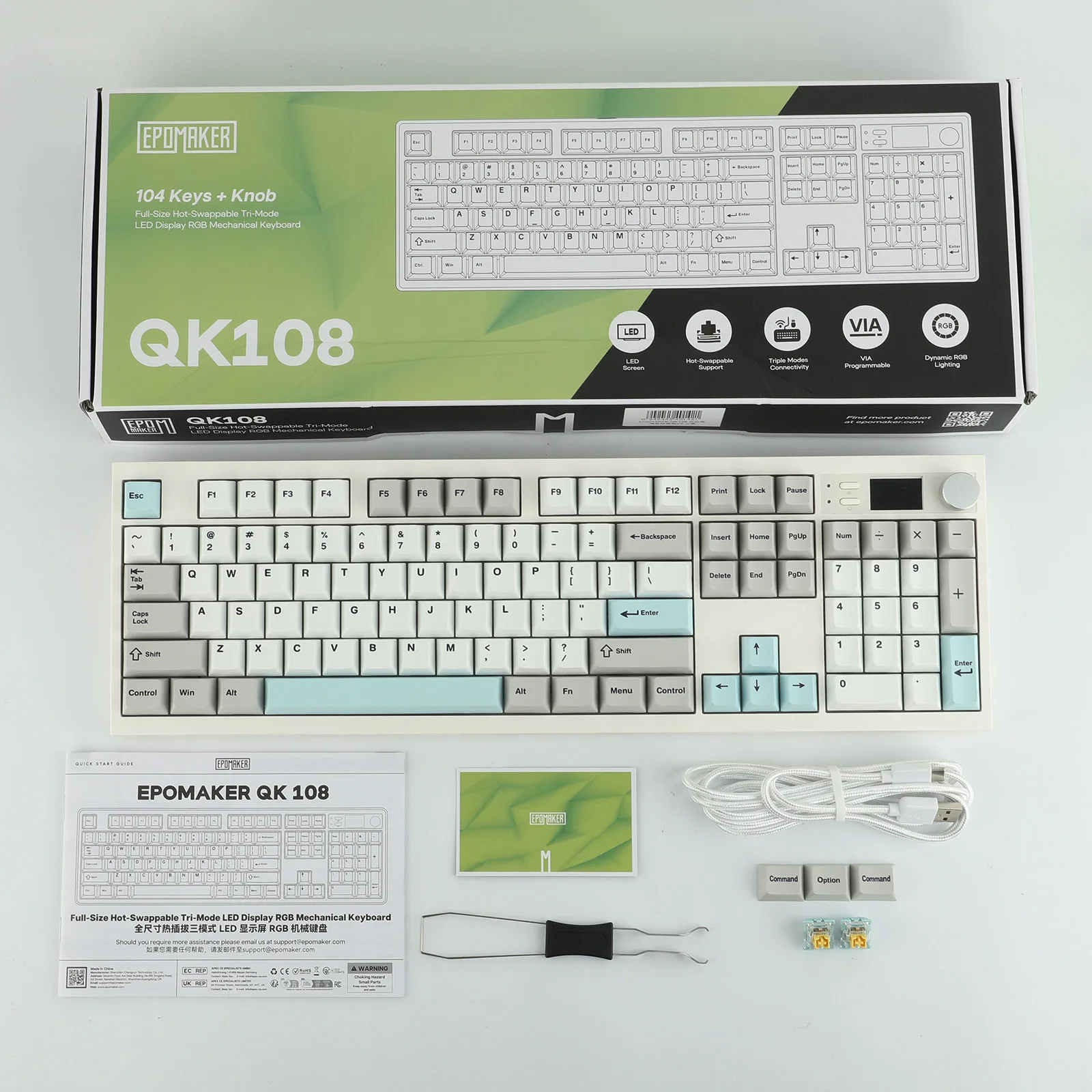 EPOMAKER QK108 QMK/VIA Pełnowymiarowa Klawiatura Mechaniczna ANSI US Layout Hot-Swap Przewodowa/Bluetooth/Bezprzewodowa 2.4Ghz z Ekranem i Pokrętłem — zdjęcie produktu 6