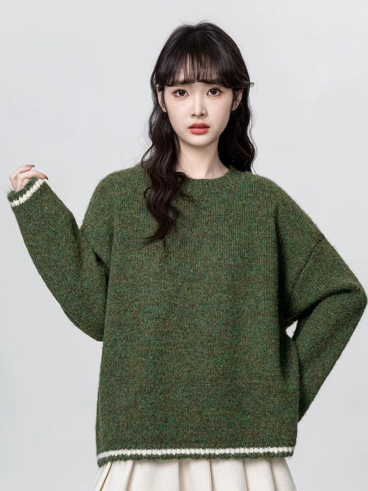 

Cute Retro Green Sweaters Women Preppy Style Loose O Neck Long Sleeve Knitted Jumper Japan Vintage Sweet Female Simple Pullovers