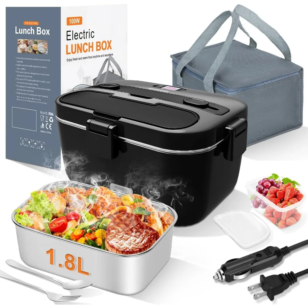 

Портативный электрический ланч-бокс для подогрева еды: быстрый нагрев 1,8 л для автомобиля, работы, путешествий - 12/24 В/110-230 В (черный)