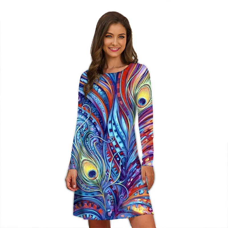 Colorful Abstract Women Dress Elegant Casual 3D Geometry Pattern Print Dress Loose Oversize Autumn Clothing Fashion Street Dress