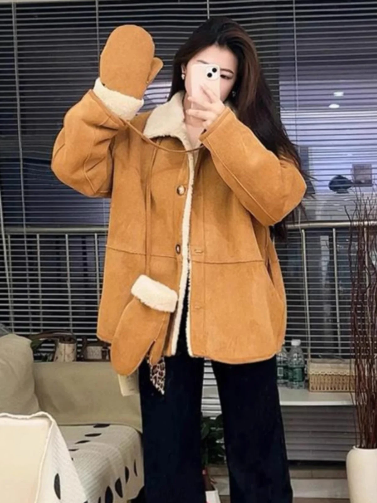 معطف نسائي ذو ياقة من فرو الضأن على الوجهين، معطف شتوي طويل من مزيج الصوف والبوليستر من الجلد والفراء J...