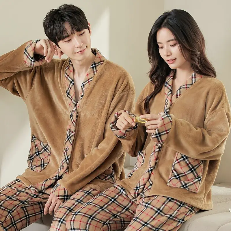 Autumn Winter Couple Solid Pajamas Set Women\'s Button Lounge Long Sleeve Top and Pants Soft Pajamas Men Comfortable Home Suit