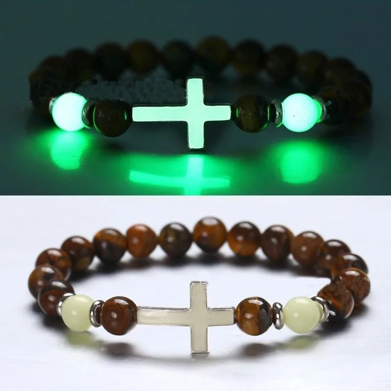 Bracelet rétro en pierre volcanique pour hommes, brillant foncé, multicolore, perles croisées lumineuses, chaîne à main, accessoires de bijoux à la mode, élégant, nouvelle collection