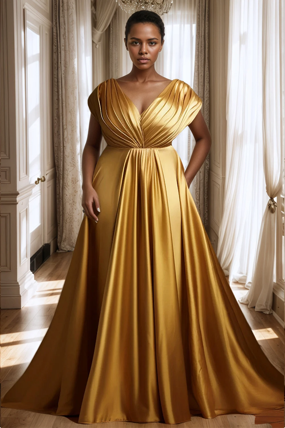 

Satin Formal Evening Plus Size Dress Sexy Elegant V-Neck Backless Sleeveless Pleated A-Line Wedding Guest Cocktail Maxi Dress