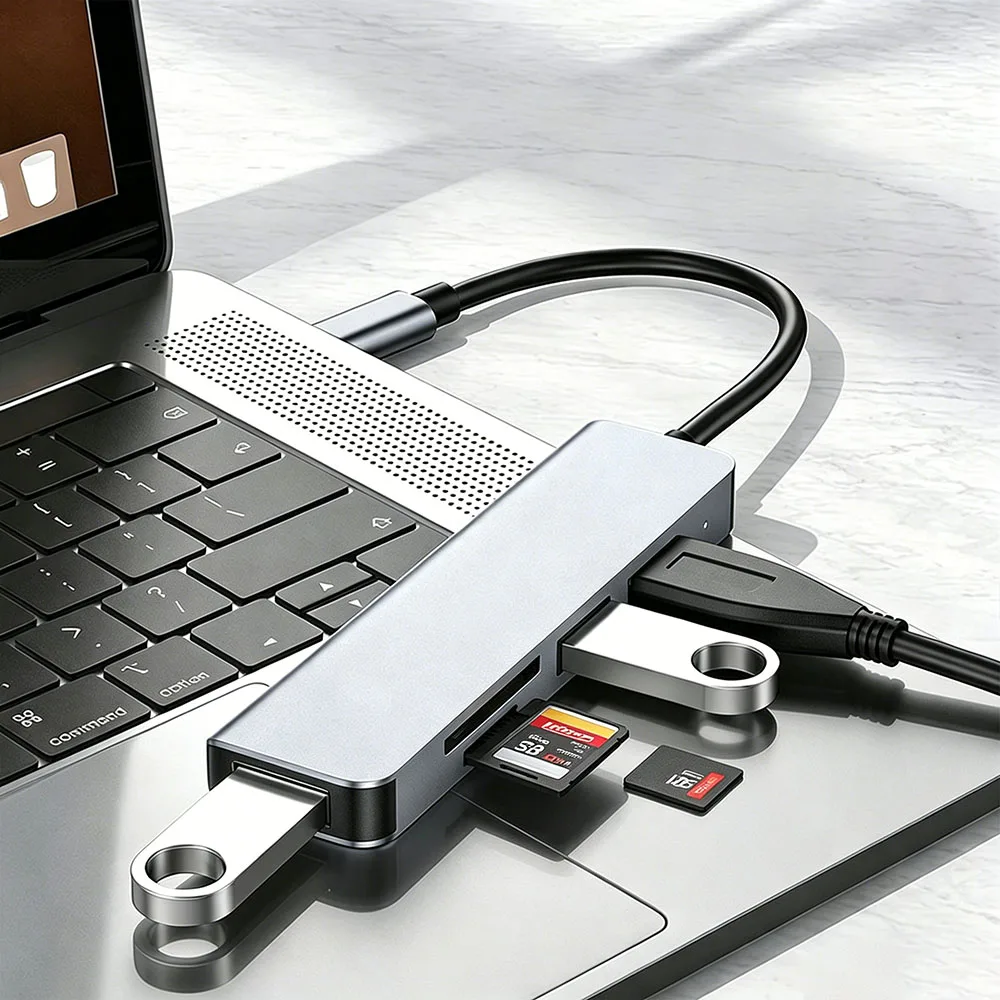 5Gbps High Speed 5-in-1 USB3.0 Hub Plug&Play USB-A Splitter with 1USB3.0+2USB2.0+SD TF Card Reader Adapter for Laptop Desktop PC