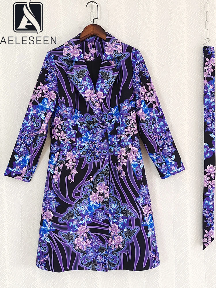 AELESEEN Designer Fashion Autumn Winter Blue Trench Women Purple Pink Flower Print Indie Folk Ethnic Retro Knee-Lenght Coat