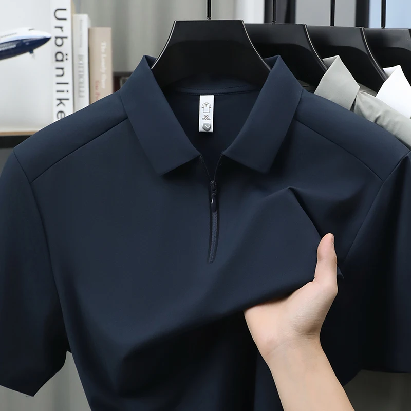 Luxury half zipper short sleeve men's Polo shirt solid color high quality ice silk breathable summer new casual fashion T-shirt