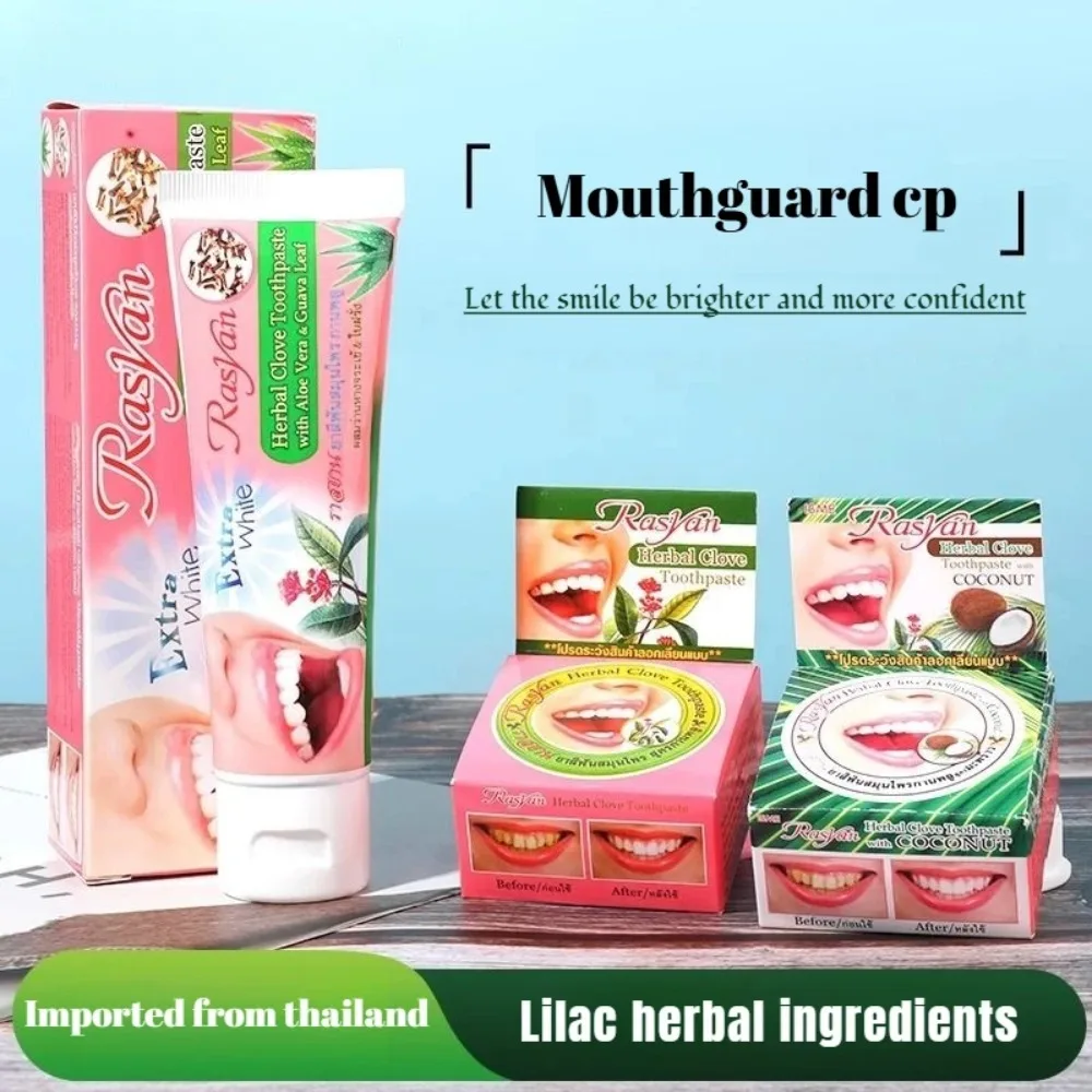 Wholesale Boxed Tooth Powder Thailand Rasyan Clove & Coconut Whitening Removing Yellow Tartar Bad Breath Protecting Gums