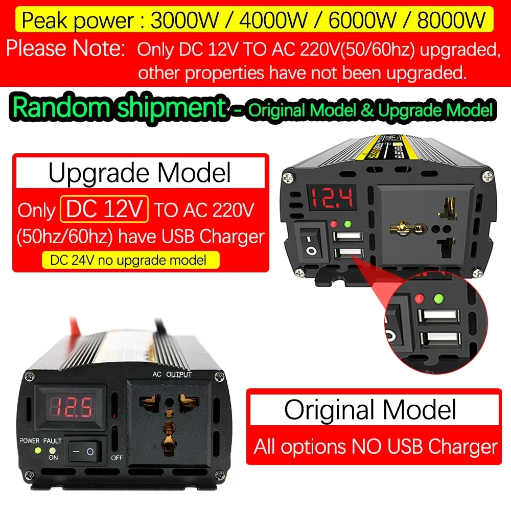 Inversor de onda sinusoidal pura, convertidor de voltaje de 12V, 220V, 6000W, transformador portátil para exteriores, inversor Solar para el hogar, 8000W, 4000W, 3000W