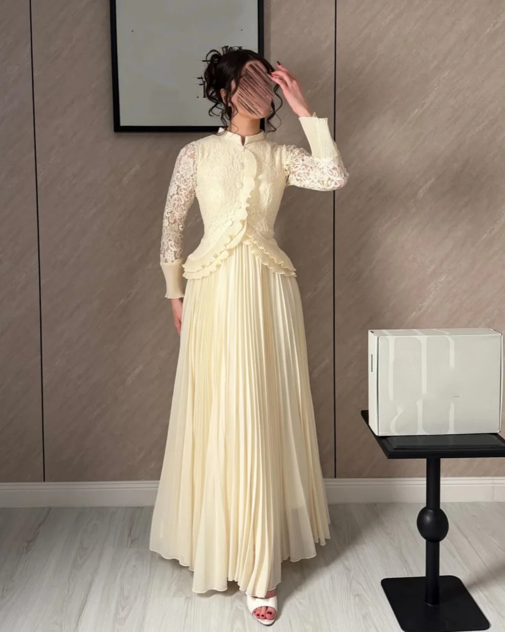 

Customized High Quality Women Chiffon Lace Button Ruched A-line Evening Dresses Elegant High Collar Long Sleeves Prom Dresses