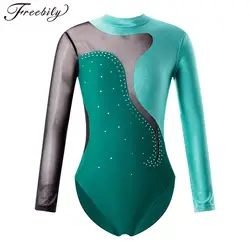 Kids Girls Ballet Dance Leotard Long Sleeve Shiny Rhinestone Sheer Bodysuit for Figure Skating Gymnastic Acrobatics Performance