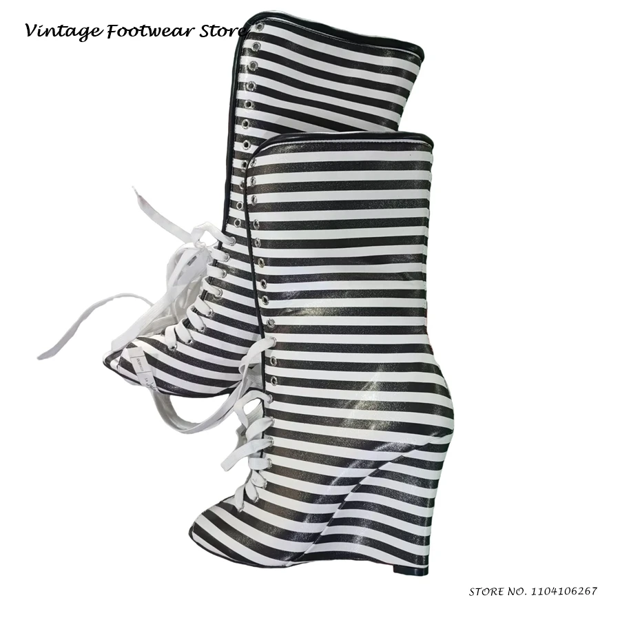 

Кожаные ботильоны на танкетке в полоску со шнуровкой, туфли больших размеров с круглым открытым носком и высоким каблуком, женские весенне-осенние модные ботинки до середины икры