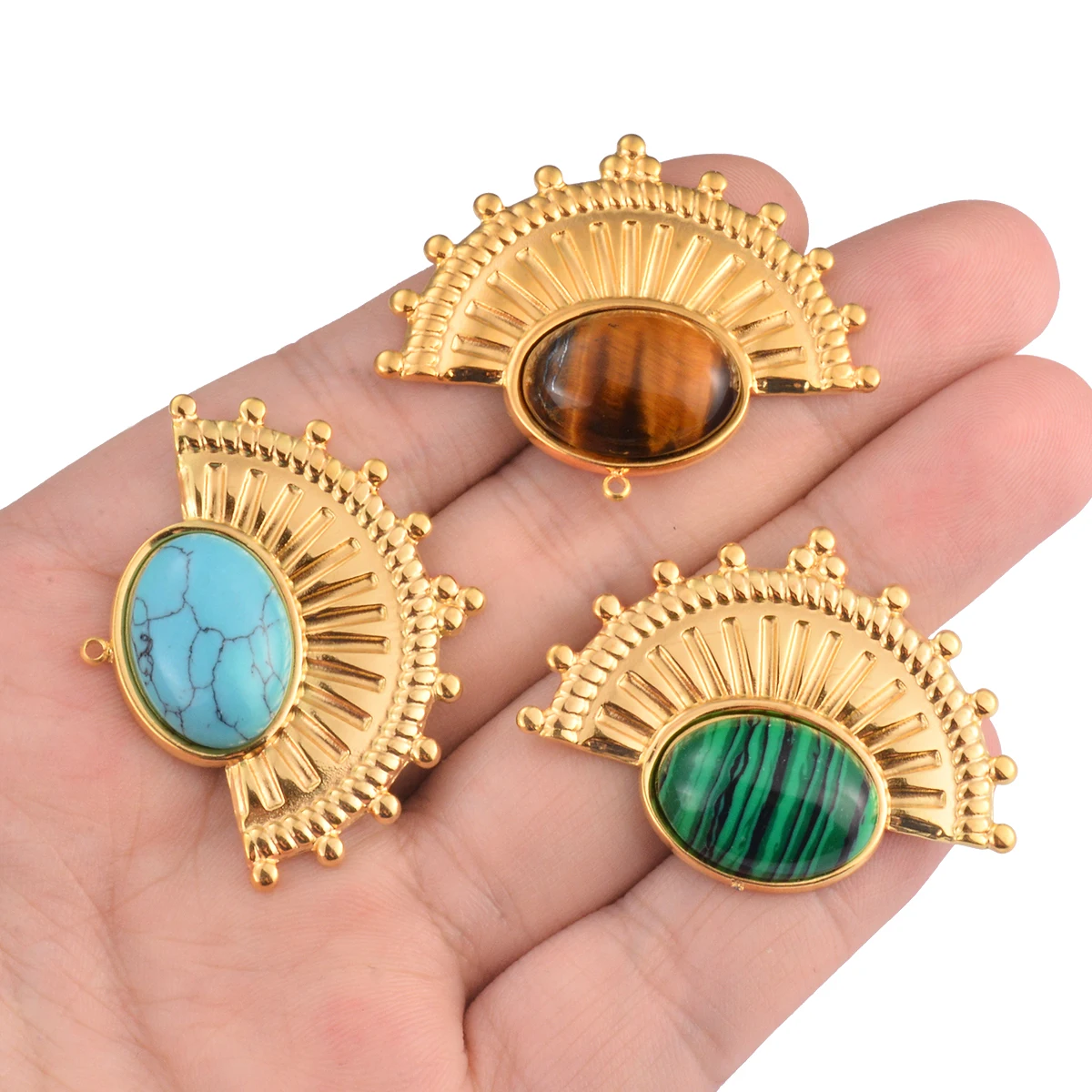 10pcs Stainless Steel Colorful Natural Stone Fan Shape Gold Plated Boho Charms Pendants for DIY Jewelry Making Earrings Necklace