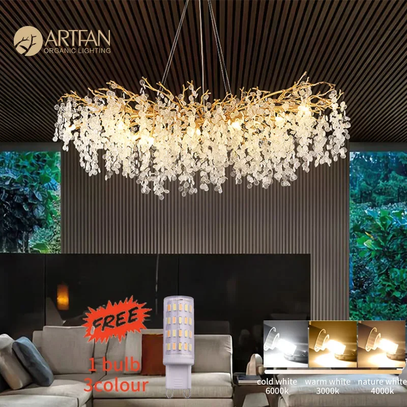 Engraved Modern Crystal Chandeliers Gold Money Tree Branch Pendant Lighting Round Ceiling Light Fixtures For Dinner room