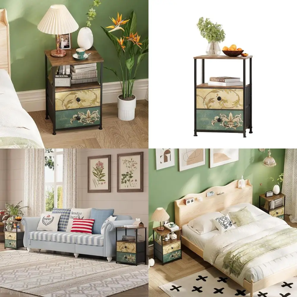 

Прикроватная тумбочка в винтажном стиле с тканевыми ящиками и открытой полкой, идеально подходит для спальни или гостиной