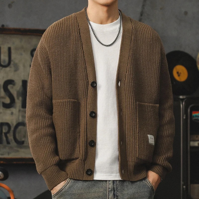 

New Autumn and Winter All Match V-neck Cardigan Sweater Jacket for Men Lazy and Loose Oversized Heavyweight Knitted Cardigan ToP