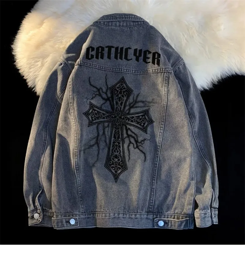 

Джинсовая куртка на пуговицах с вышивкой крестом, пальто для пар, американская модная куртка оверсайз в стиле Харадзюку Y2k, женская и мужская свободная зимняя куртка