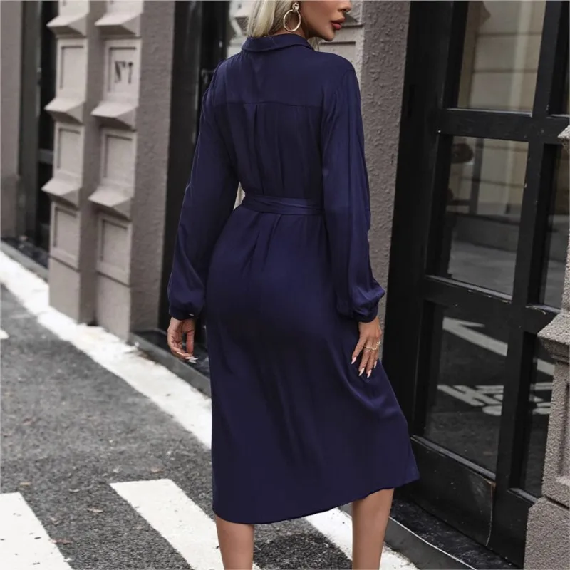 Women's Button Lapel Long Dress 2025 Autumn Elegant Fashion Casual Long Sleeve Shirt Dresses Femme Robe