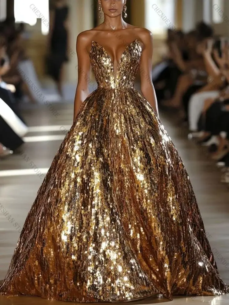 Luxe gouden strapless baljurk avondjurk high-end modeshow gewaden de soirée op maat gemaakte galajurken - afbeelding 2