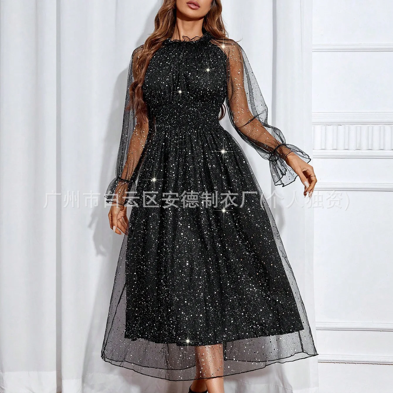 

Women's Fashion Elegant Mesh Gold Foil Waist-cinching Puff Sleeve Dress Bridesmaid Dress 2025 Party Summer Elegantes Casual Y2k