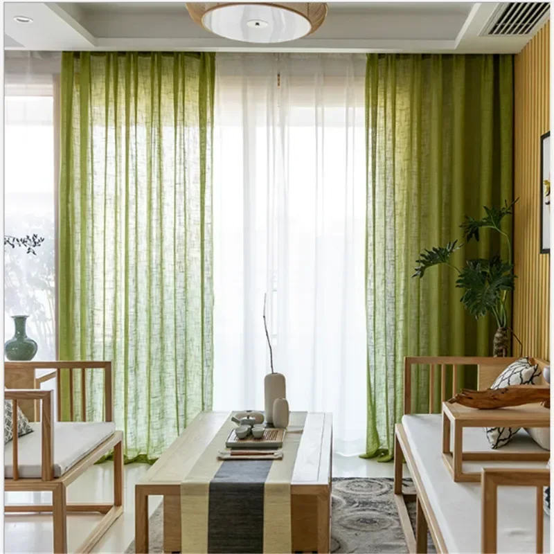 Thick Cross Linen Green Voile Curtains For Living Room Bedroom Modern Simple Window Screen Blinds Tulle Window Drapes ZH050H