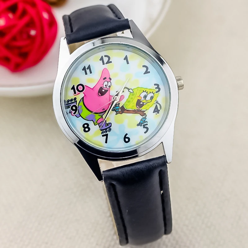 Reloj de cuarzo redondo con dibujos de Bob Esponja para niños y niñas, reloj de pulsera con correa de cuero PU a la moda para niños, regalos de cumpleaños y Navidad