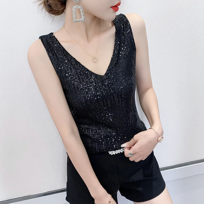 MadBlack European Clothing Tank Tops Women Sexy V Necks Glitter Sequin Slim Two Layer Mesh Tshirt Sleeveless Tee Summee T37058JC