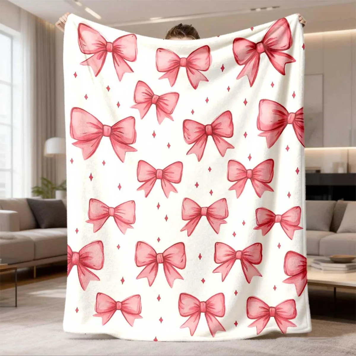 2026 Latest Flannel Blanket Luxurious Plush Blanket UltraSoft Pink Bow Pattern with White & Soft Pink Bows, AllSeason Cozy Throw