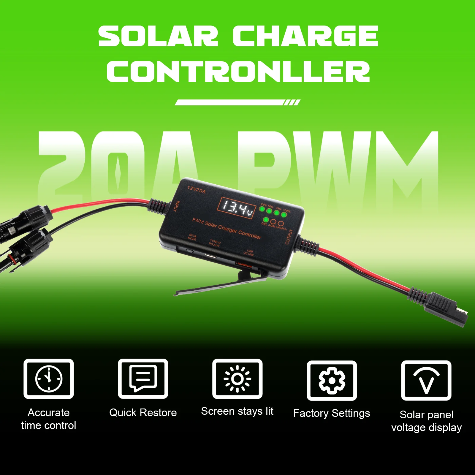 AeternaSol 20A PWM Solar Charge Controller 12V Solar Regulator for LiFePO4 AGM Gel Battery Max 30V PV Input Type-C USB Port LCD Display LED Charging Indicator Full Protection
