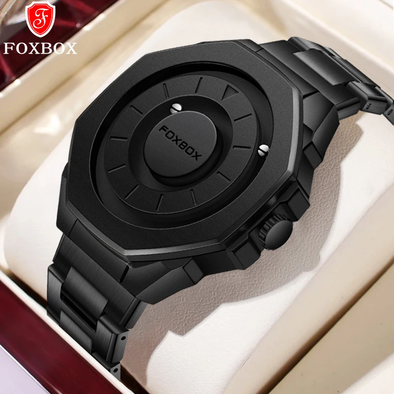 

LIGE Brand FOXBOX Unique Stylish Magnetic Force Quartz Man Watch Stainless Steel Band Creative Scrolling Pointer Wristwatch Gift