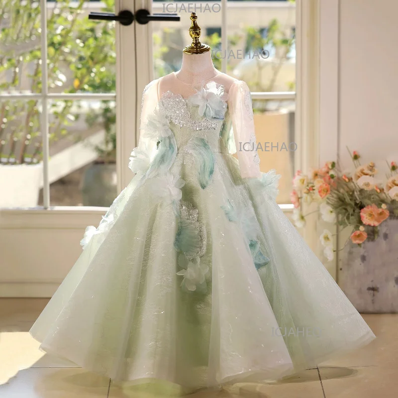 2026 Gown Piano Performance Pageant Costume New Girls Host Dress Children Light Green Long Sleeve Floral Kids Birthday Princess