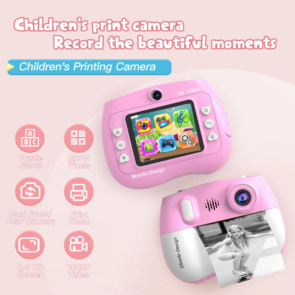 Soybean ZK18 Kids Camera Instant 1080P HD Dual Lens Selfie Digital Camera for Girls Boys Christmas Birthday Gifts Toys With 32G