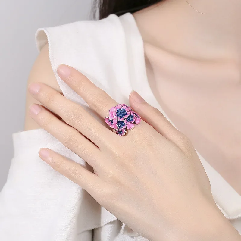 Buyee cincin bunga perak murni 925 cincin jari lucu bunga persik mekar zirkon terbuka untuk mode wanita perhiasan halus lingkaran hadiah