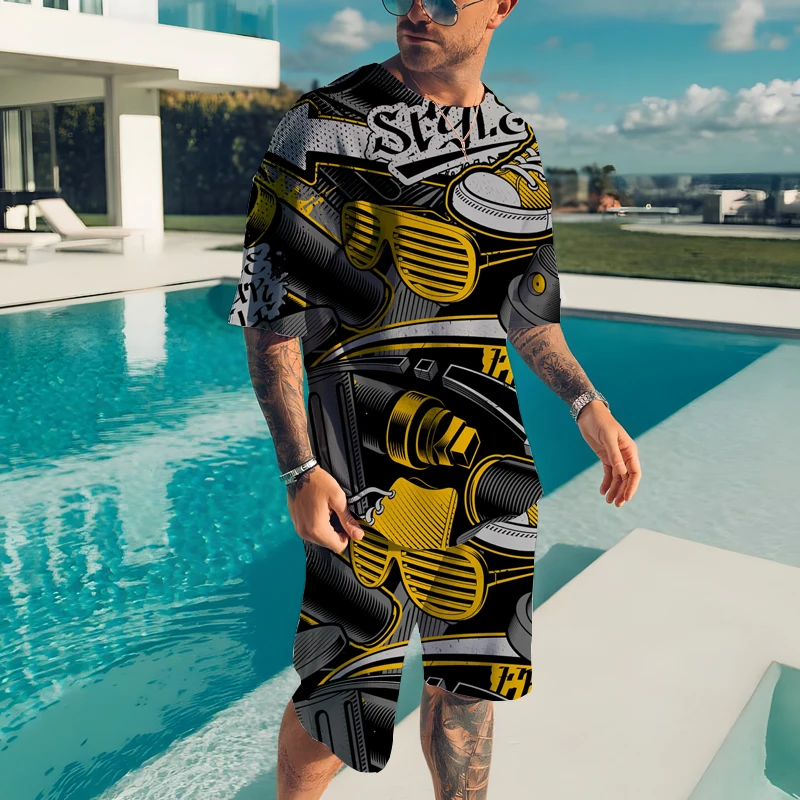 

2022 Summer Men's T-shirt Male Casual Suit Abstract Style 3D Printing Men T-shirt Short Sleeve Shorts 2-piece Set Men Clothing