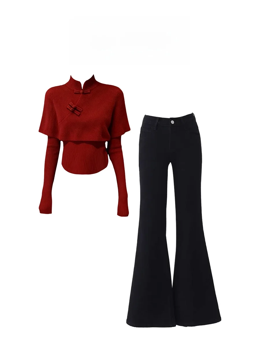 

Parkyeon New Chinese Style Stand Collar Cloak Sweater Flared Jeans Super Slimming Spring Fashion Set Women's Long Sleeve Casu...